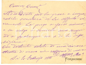 Autografo originale 1888 BOLOGNA Questore Narciso FORMICHINI  Biglietto condoglianze AUTOGRAFO 1