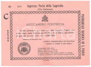 Oggetto da collezione cartaceo 1947 ROMA Basilica S. PAOLO  Invito per assistere alla Cappella Papale 2 1