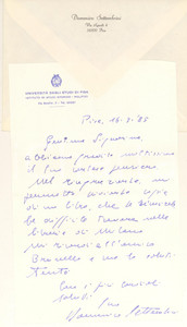 Autografo originale 1985 PISA Lettera Domenico SETTEMBRINI per invio di un libro Autografo 1
