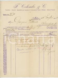 Documento originale, autentico 1910 MILANO Via Caiazzo 29  Ditta F. COLOMBO & C. Macchine utensili Fattura 1