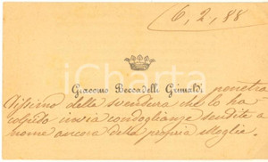 Autografo originale 1888 BOLOGNA Nobile Giacomo BECCADELLI GRIMALDI  Biglietto AUTOGRAFO 1