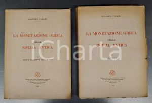 1959 Giacomo CIRAMI Monetazione greca della Sicilia Antica - Ed. SNG 2 voll. Due volumi Brossura editoriale con copertina in cartoncino.TITOLO: La monetazione greca della Sicilia Antica Vol. 1 - Testo e descrizione delle moneteVol. 2 - TavoleEDITORE: Edizioni dello Studio Numismatico Gamberini del Dott. Cesare Gamberini di Scarfèa - Bologna PAGINE: 107 + 146 POOR/danneggiato strappi alle copertine, bruniture diffuse in entrambi i volumi FORMATO: 21x29 cm originale e autentica 1