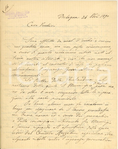 1890 Lettera Raffaele FACCIOLI su intervento statale alla Ghirlandina di MODENA Importante lettera autografa del pittore e ingegnere Raffaele Faccioli, che racconta di una discussione avuta con Cesare Razzaboni durante la sua visita a Modena per controllare i lavori di restauro alla Torre Ghirlandina di Modena.Razzaboni si era mostrato insofferente all'intervento dello Stato, ritenuto invece necessario da Faccioli (che ispezionava i lavori per conto del Governo): " ...è inammissibile che uno Stato debba disinteressarsi di quanto concerne la conservazione dei documenti della storia nazionale... Io mi capacitai da subito che se talora l'affetto di campanile acceca, si deve compatimento...". PAGINE: 4 FAIR/discreto piegature d'epoca FORMATO: 21x26 cm originale e autentica 1