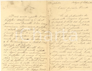 1883 BOLOGNA Raffaele FACCIOLI denuncia abusi direttore Belle Arti AUTOGRAFO Importante lettera autografa del pittore e ingegnere Raffaele Faccioli, che denuncia i gravi abusi del direttore dell'Accademia di Belle Arti, il quale utilizzava a scopi privati i locali : " esso ne fa occupare abusivamente molta parte da suoi parenti senza abitarvi esso stesso, e senza averne diritto. Il mal esempio del Direttore è stato contagioso sicché anche il Segretario dell'Istituto ha un appartamento...molti giovani artisti privi di mezzi per affittare uno studio strepitano di vedere occupati i locali dell'Accademia da chi non ha ragione di abitarvi...". PAGINE: 4 FAIR/discreto piegature d'epoca; macchie al lato superiore FORMATO: 14x20 cm originale e autentica 1