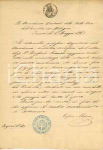 1863 BOLOGNA Accademia Belle Arti - Certificato FACCIOLI *Autografo MASINI Certificato emesso dall'Accademia di Belle Arti di Bologna, con firma autografa del segretario Cesare Masini.Il certificato attesta che l'ingegnere Cesare Faccioli "tiene esposto un progetto de' rinnovamento della parte centrale della città di Bologna e de' compimento del grandioso palazzo detto del Podestà...". PAGINE: 4 (1 scritta) FAIR/discreto piegature d'epoca FORMATO: 21x30 cm originale e autentica 1