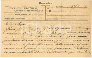 Autografo originale 1894 LONDON  POLENGHI Brothers  Lettera Paolo POLENGHI al padre Autografo 1