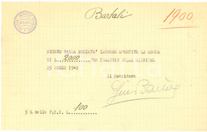 Autografo originale 1940 CICLISMO Milano Vigorelli  Ricevuta Gino BARTALI per una corsa  AUTOGRAFO 1