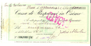 Oggetto da collezione cartaceo 1942 OSIMO AN Cassa di Risparmi in OSIMO Assegno bancario 1
