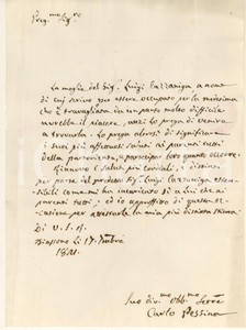 Manoscritto, lettera originale 1821 BIASSONO MB Lettera Carlo PESSINA  Parto difficile famiglia CAZZANIGA 1