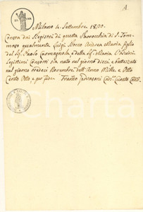 Documento originale, autentico 1820 MILANO Parrocchia S. TOMMASO Fede di battesimo di Luigi CARMAGNOLA 1