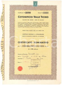 Oggetto da collezione cartaceo 1961 MILANO Cotonificio VALLE TICINO spa Certificato nominativo 4000 azioni 1