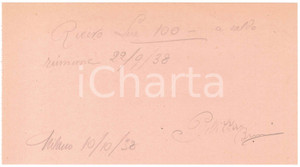 Autografo originale 1938 CICLISMO MILANO Ricevuta Bruno PELLIZZARI per ingaggio VIGORELLI AUTOGRAFO 1