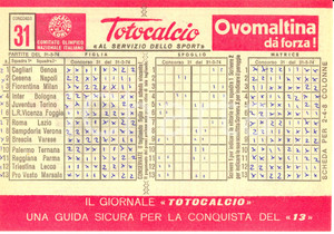 Oggetto da collezione cartaceo 1974 CONI Schedina non giocata TOTOCALCIO Concorso 31 Serie A OVOMALTINA 2 1