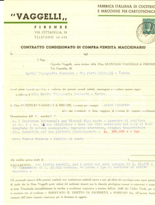 Documento originale, autentico 1956 FIRENZE Ditta VAGGELLI cucitrici  Contratto compravendita macchinario 1