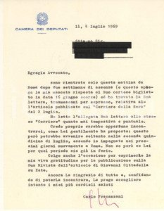 Autografo originale 1969 ROMA Lettera on. Carlo FRACANZANI per incontro con un avvocato Autografo 1