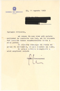Autografo originale 1969 ROMA Carlo FRACANZANI scombussolato dalle vicende del Governo Autografo 1
