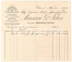 Documento originale, autentico 1904 CHIERI TO MASERA Giovanni Felice succ. ALTINA  Ferramenta Fattura 1