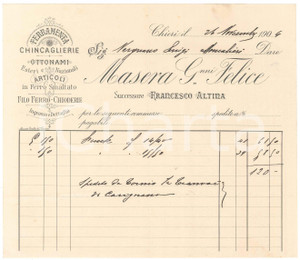 Documento originale, autentico 1904 CHIERI TO MASERA Giovanni Felice succ. ALTINA  Ferramenta Fattura 1