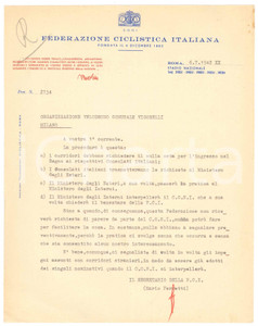 Manoscritto, lettera originale 1942 CICLISMO ROMA CONI Lettera Mario FERRETTI  Regole per corridori stranieri 1