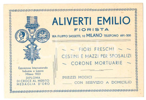 Materiale pubblicitario d’epoca 1923 MILANO via Sassetti  Fiorista ALIVERTI Emilio  Biglietto pubblicitario 1