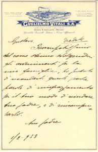 Manoscritto, lettera originale 1933 SESTO SAN GIOVANNI Guglielmo VITALI Salumi  Lettera su carta intestata 1