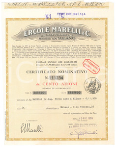 Oggetto da collezione cartaceo 1959 MILANO Ercole MARELLI & C.  Certificato azionario da cento azioni 1