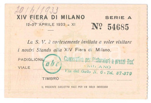 Oggetto da collezione cartaceo 1933 XIV FIERA DI MILANO Invito stand ABC Cooperativa ristoratori prezzi fissi 1 1