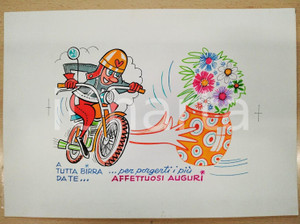 Opera d’arte autentica 1980 ca BOZZETTO ORIGINALE Biglietto di auguri  A tutta birra da te 36x25 cm 1