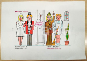 1980 ca BOZZETTO ORIGINALE Biglietto di auguri MATRIMONIO W gli sposi 36x25 cm Bozzetto originale a colori per un biglietto di auguri. CONDIZIONI:FAIR/discreto Lievi smussature agli angoli, residuo di incollatura e macchie al versoFORMATO: 36x25 cm originale e autentica 1