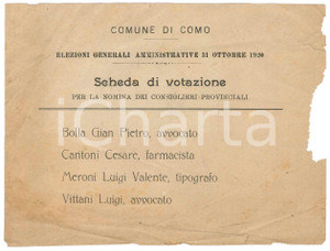 Documento originale, autentico 1920 COMO Elezioni amministrative  Scheda votazione consiglieri provinciali 1
