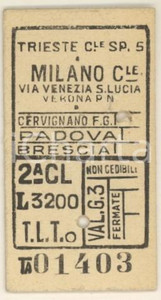 Documento originale, autentico 1951 TRIESTE FF. SS. Biglietto ferroviario per MILANO CENTRALE Seconda classe 1