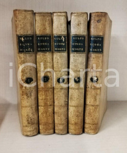 1783 Don Giorgio Maria RULFO Discorsi per l'esercizio della buona morte *5 Voll. Legatura coeva in pelle.Opera in cinque volumi.TITOLO: Discorsi sacri e morali per l'esercizio della buona morteEDITORE: Stamperia Eredi Avondo PAGINE: 360 + 376 + 360 + 404 + 416CONDIZIONI:POOR/danneggiato Bruniture diffuse, macchie ai piatti, abrasioni ai dorsiFORMATO: 11x19 cm originale e autentica 1