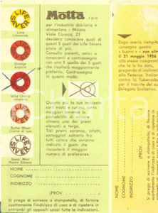 Oggetto da collezione cartaceo 1956 MILANO Concorso a premi MOTTA Tavolette WILD CHERRY LIFE SAVERS Tagliando 1