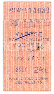 1981 FS Ferrovie Stato - Stazione CALOLZIOCORTE - OLGINATE Biglietto per VOGHERA Biglietto obliterato.  CONDIZIONI:FAIR/discreto Forellino e macchiaFORMATO: 3x5 cm originale e autentica 1