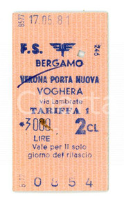 1981 FS Ferrovie Stato - Stazione di BERGAMO Biglietto per VERONA PORTA NUOVA Biglietto obliterato.  CONDIZIONI:FAIR/discreto Forellini e macchiaFORMATO: 3x5 cm originale e autentica 1