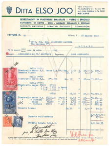 Documento originale, autentico 1940 MILANO via Carnaghi 14 Ditta Elso JOO Piastelle Fattura 1
