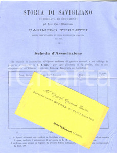Documento originale, autentico 1879 Scheda associazione STORIA DI SAVIGLIANO Casimiro Turletti Editore Bressa 1