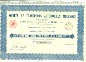 Oggetto da collezione cartaceo 1932 PARIS Société Transports Automobiles Modernes STAM Action 250 Francs 2 1