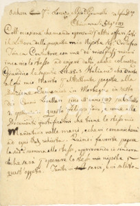1813 CHIAVENNA Margherita TRIACA invia il nipote per credito del defunto marito Lettera manoscritta, originale d'epoca, redatta da Margherita, vedova Triaca, che annuncia l'invio del nipote Cristoforo per l'esazione di un credito spettante in origine al defunto marito.PAGINE: 1 CONDIZIONI:FAIR/discreto piegature d'epocaFORMATO: 20x30 cm originale e autentica 1