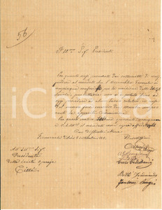 1883 FIORENZUOLA Società Operaia - Dimissioni membri della Commissione Interessante lettera manoscritta, originale d'epoca, con le firme autografe di cinque membri componenti la commissione della locale società operaia.I dimissionari riconoscevano le difficoltà operative dovute, con ogni probabilità, a un numero eccessivo di persone che potevano partecipare alle assemblee.PAGINE: 4 (1 scritta) CONDIZIONI:FAIR/discreto piegature d'epocaFORMATO: 20x26 cm originale e autentica 1
