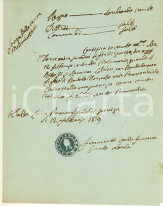 1859 SERNIGA / SALO' Fede di matrimonio di Domenica SANDRI Bartolo DONI Certificato manoscritto, originale d'epoca, rilasciato dal curato Carlo Francesco Fioravanti.Timbro parrocchiale. CONDIZIONI:FAIR/discreto piegature d'epocaFORMATO: 20x25 cm originale e autentica 1
