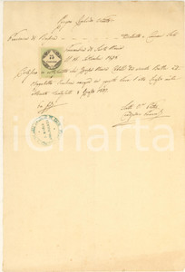1858 SALO' S. Maria Annunziata - Certificato di nascita Teresa Maria COBELLI Certificato manoscritto, originale d'epoca, rilasciato dal coadiutore parroco don Pietro Scotti.Timbro parrocchiale. CONDIZIONI:FAIR/discreto piegature d'epocaFORMATO: 20x30 cm originale e autentica 1