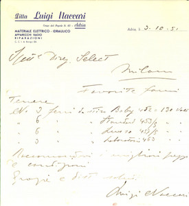Manoscritto, lettera originale 1951 ADRIA RO Ditta Luigi NACCARI Materiale elettrico Lettera commerciale 1