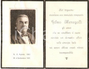 Oggetto da collezione cartaceo 1931 In memoria di Gilmo MENEGOLLI Albergatore Santino con ritratto 1