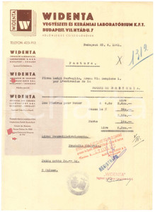 Documento originale, autentico 1941 BUDAPEST HUNGARY WIDENTA Vegyeszeti es keramiai laboratorium Fattura 1