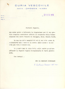 Autografo originale 1976 CHIOGGIA Curia Vescovile  Lettera padre Antonio ZENNARO Autografo 1