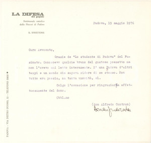 Autografo originale 1976 PADOVA Don Alfredo CONTRAN direttore La difesa del popolo  Autografo 1