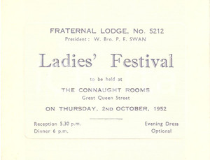 Oggetto da collezione cartaceo 1952 LONDON MASSONERIA Fraternal Lodge 5212 Ladies  Festival at CONNAUGHT ROOM 1 1