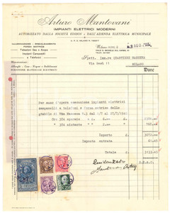 Documento originale, autentico 1940 MILANO Arturo MANTOVANI Impianti elettrici moderni  EDISON Fattura 1