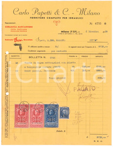 Documento originale, autentico 1939 MILANO corso S. Gottardo  Carlo PAPETTI Forniture idraulici Fattura 1